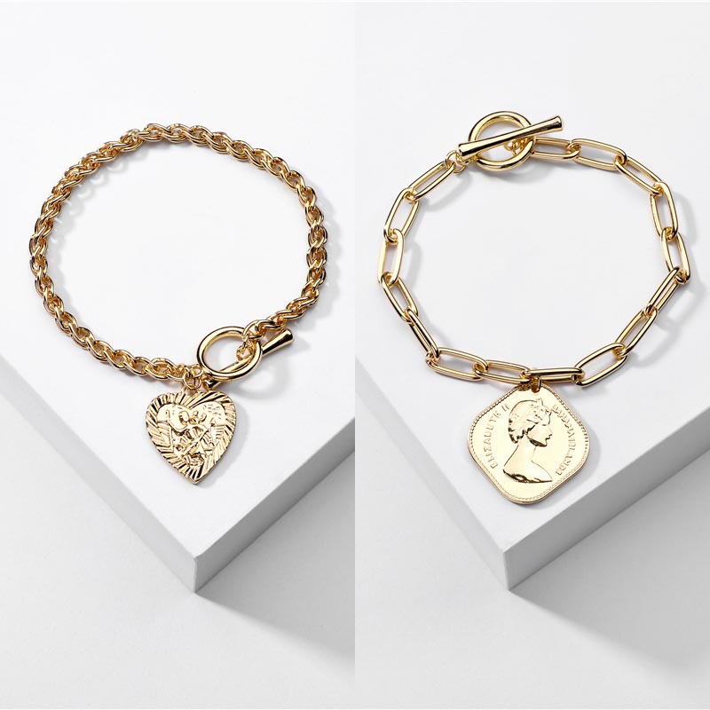

B2362 ZWPON Gold Color Embossment Heart Charm Bracelets for Women Fashion Metal Chain Toggle Bracelets Jewelry Wholesale