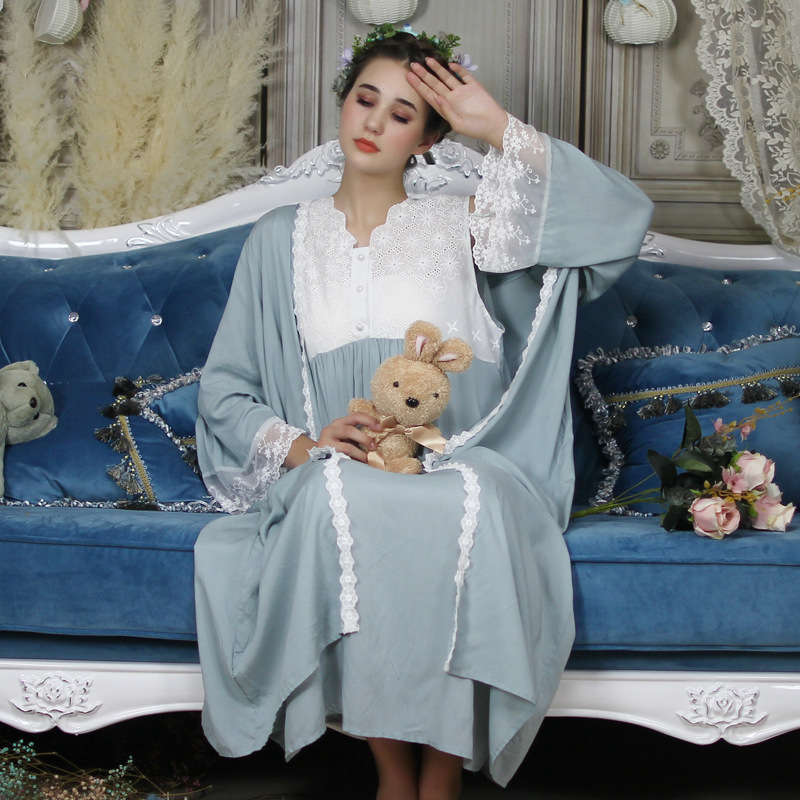 

Free Shipping 2020 New Fall Women's Long Thin Robe 6 Colors Sleepwear Two Pieces Set Lace Soft Slip Nightgown Vintage Nightdress, White