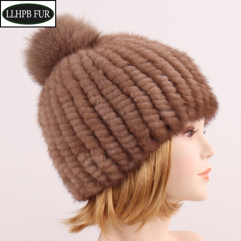 

Outdoor Winter Natural Real Beanies Hat Handmade Knitted Women Brand Quality Real Caps Fur Balls Hats, Black
