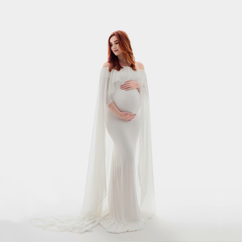 

Long Chiffon Maternity Cloak Dress Slash Neck Pregnancy Chiffon Cloak Dress Long Tail Baby Shower All-purpose, Beige