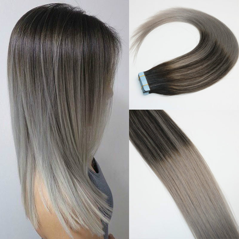 

Balayage Ombre Color 2 Brown Fading to Grey Brazilian Remy Hair Glue Skin Weft PU Tape Hair Extensions 16 18 20 22 24inch