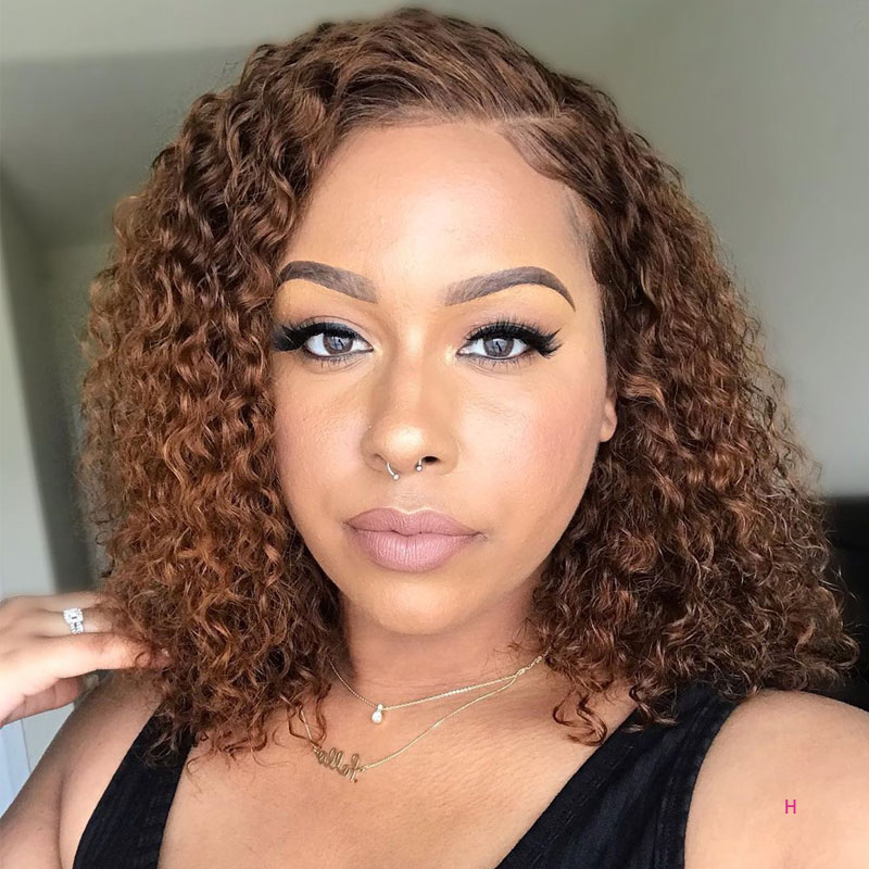 

Doores 13X4 Bob Lace Front Wigs Lace Front Human Hair Wigs remy Brown Curly Ombre Hair Wig Wig Pre plucked 250% Density H, 13x4 ombre
