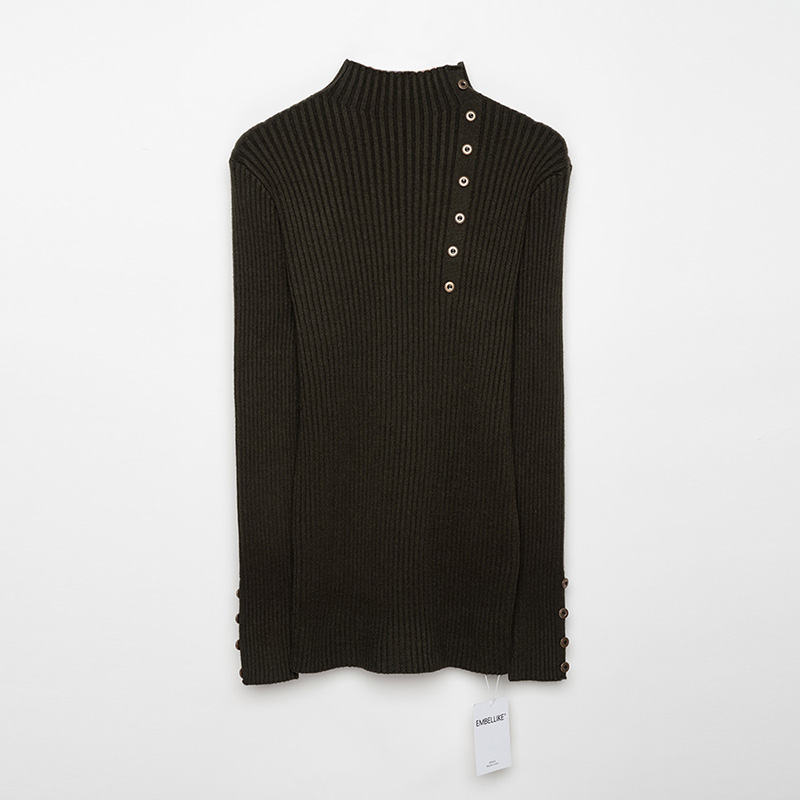 

Women Mock Neck Sweater Autumn Winter Ribbed Pullover Sweaters With Side Button Trim, Blue