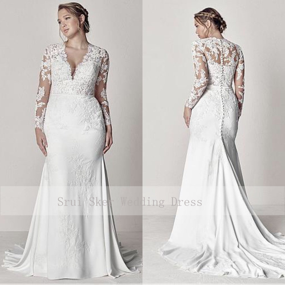 

Modest V-Neck Lace Wedding Dresses Long Sleeve Illusion Appliques Mermaid Plus Size Bridal Gowns 2019, Champagne