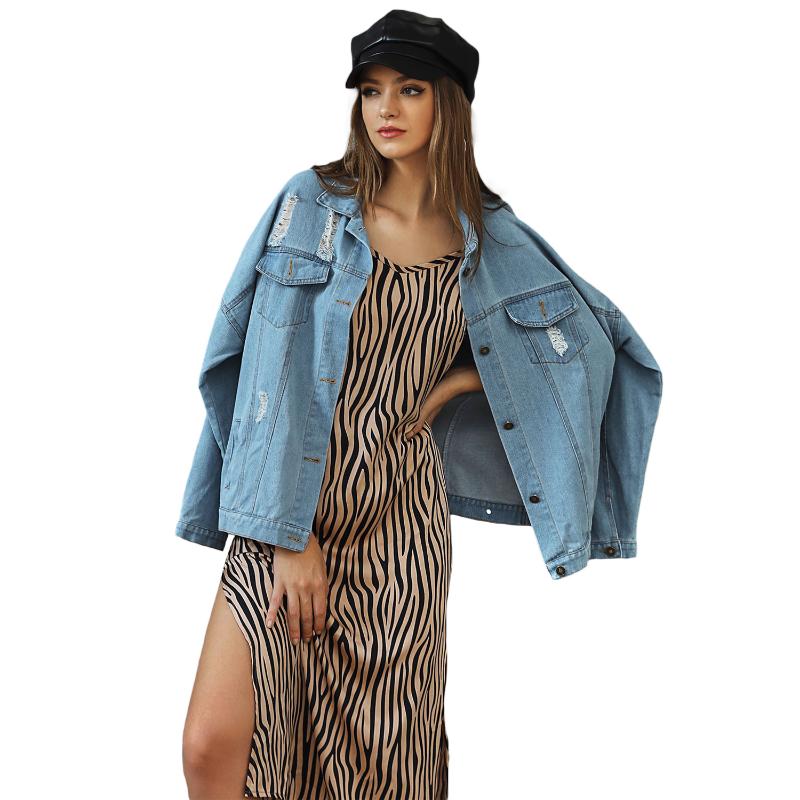 

Cross - border denim women's dress torn wash blue long - sleeve street coat