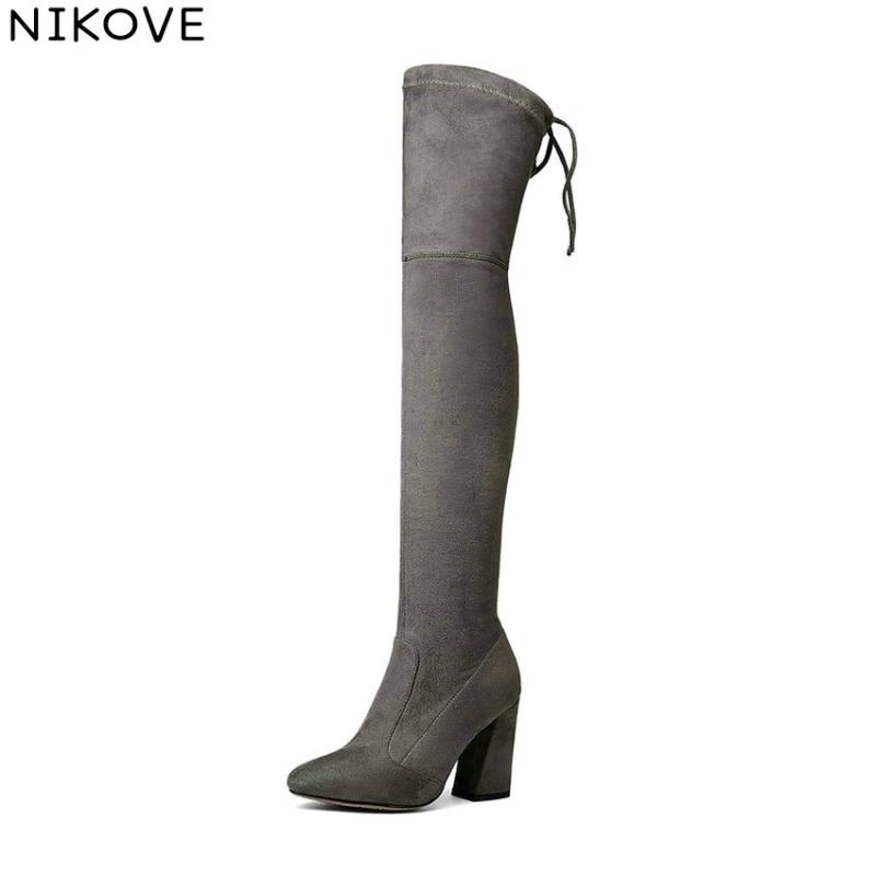 

NIKOVE 2020 Gray Sexy Autumn Over The Knee Boots Pointed Toe Women Boots Ladies Western Style Stretch Fabric Size 34-43, Black