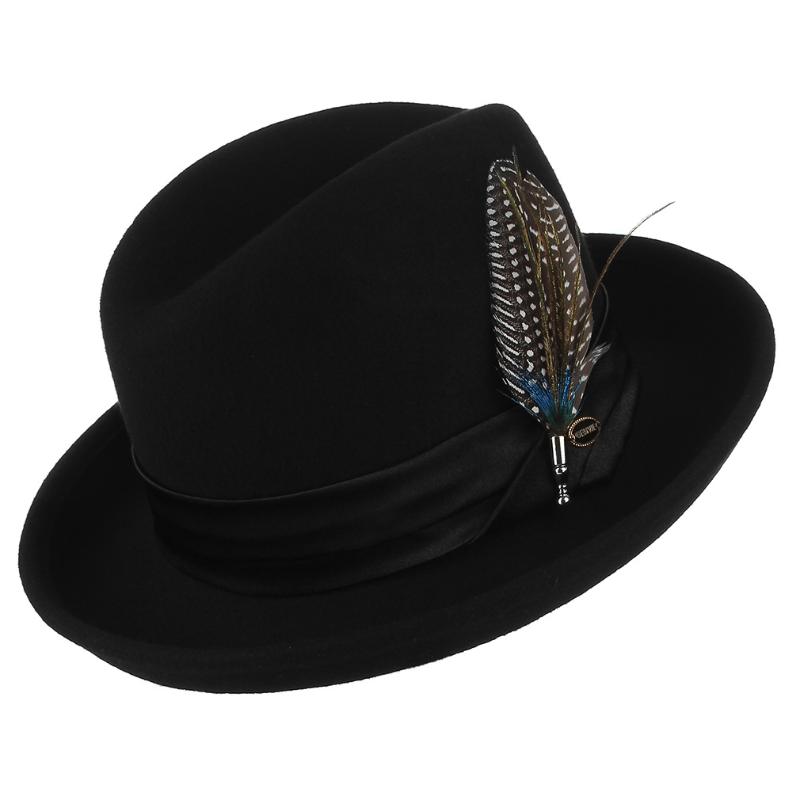 

European American Wool Fedoras Hat Men's Women's Feather Decoration Fedora Cap Ladies Party Banquet Elegant Caps H7187, Black