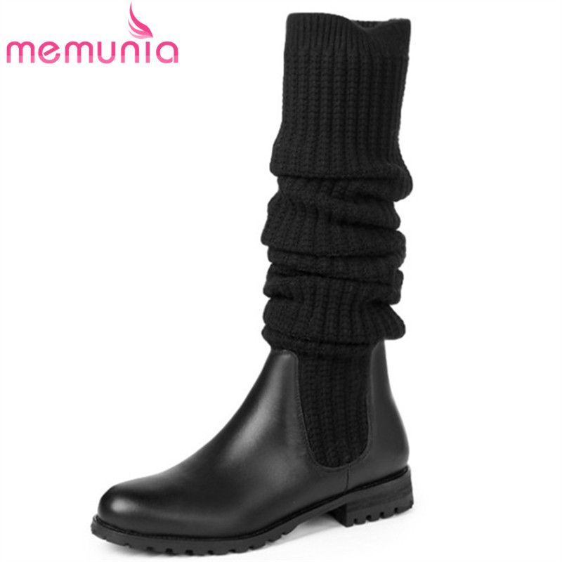 

MEMUNIA 2020 top quality genuine leather over the knee boots women round toe low heels casual shoes fashion Hosiery boots woman, Black not fur