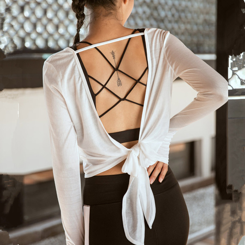 

CretKoav Autumn New Open Back Long Sleeve T Shirt Women's Loose Breathable Running T-shirt Bandage Quick-drying Women Yoga Shirt, Green