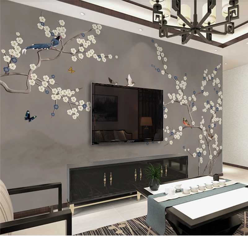 

Xuesu Hand-painted meticulous blue plum flower bird TV bedroom background wall custom wallpaper mural 3D/5D/8D photo wall, Silk material