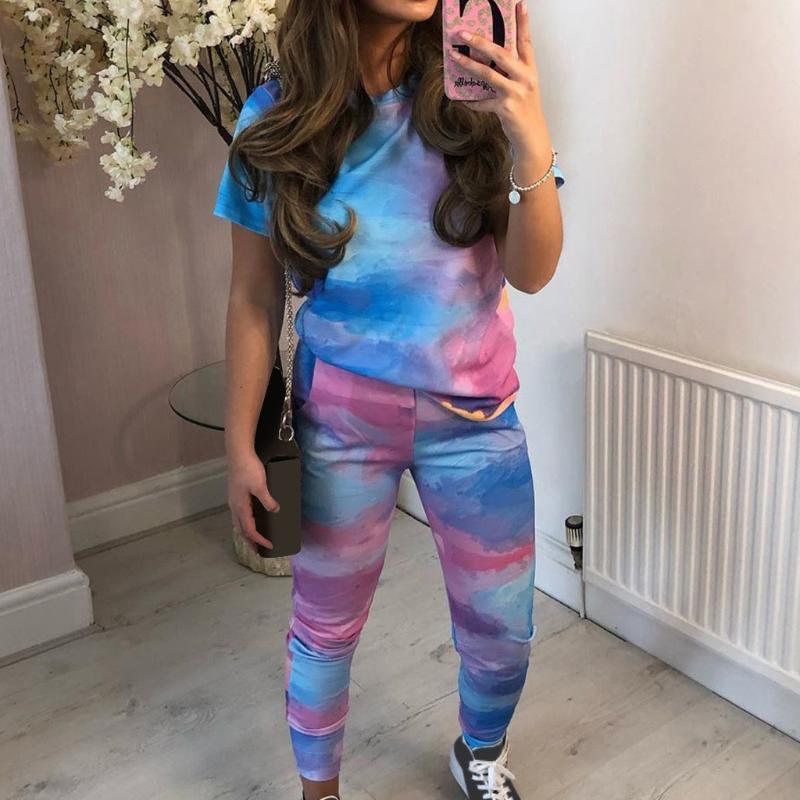 

Tie Dye Print Women Short Sleeve T-shirt Crop Top High Waist Pants Workout Tracksuit Summer Outfit 2pcs Set 2020 Women' Set #3, Blue