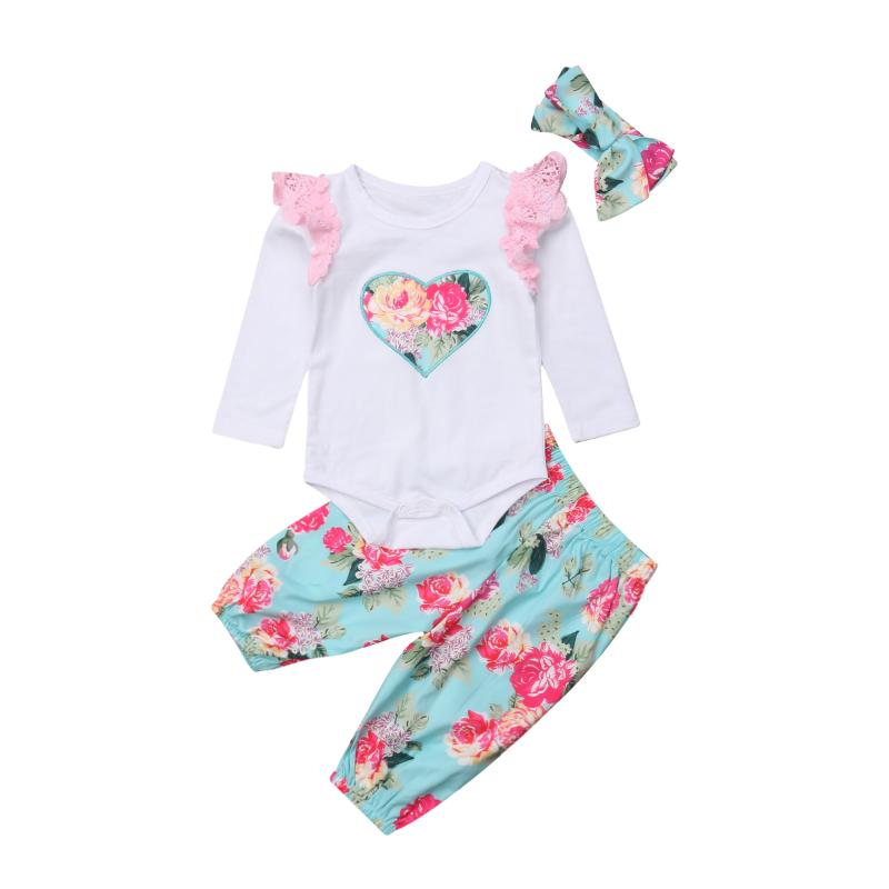 

0-18M Newborn Baby Girls Clothes Set Infant Long Ruffles Sleeve Bodysuit Blue Floral Shorts + Headband Autumn Outfits Clearance, As pic