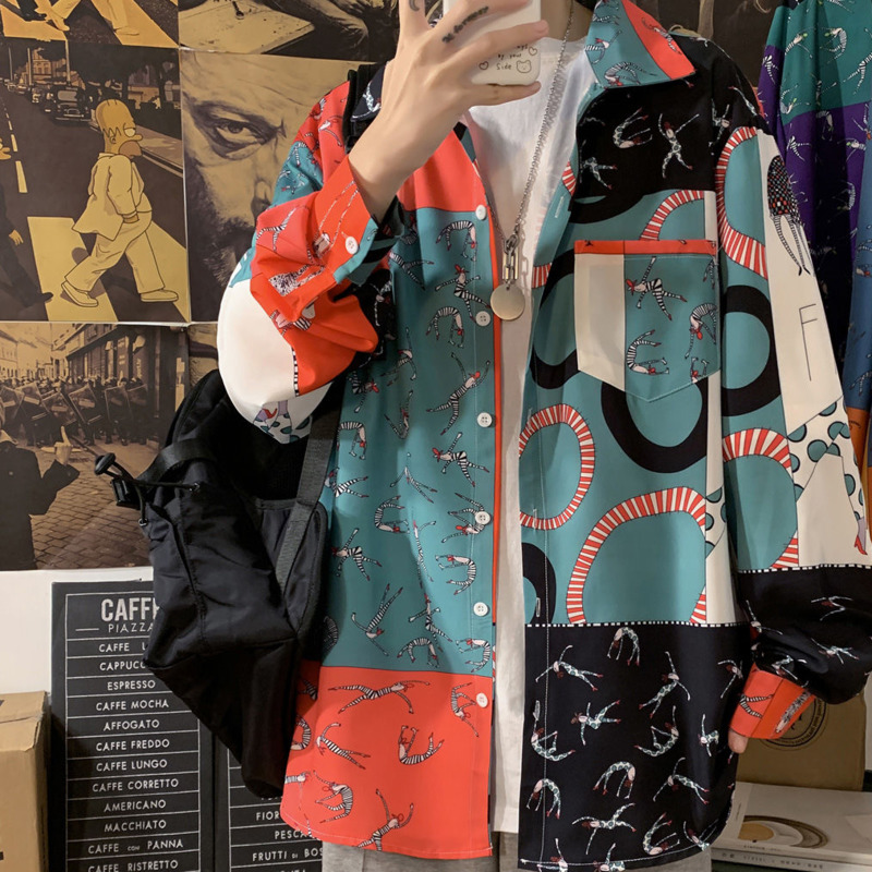 

Men's shirts 2020 autumn and winter new stitching printed long-sleeved shirts young people fashion trend men's clothing, Blue