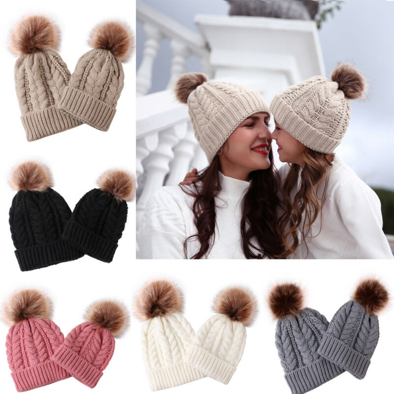 

2020 Brand Family 2Pcs Set Knite Caps Women Mother Baby Kid Hat Warm Winter Crochet Wool Beanie Fur Pom Bobble Hat Crochet Cap, Black