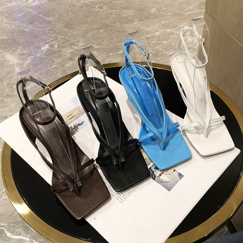 

2020 Fashion Black Strappy Mule Heels Sandals Slippers Women High Heels Flip Flops Square Toe Slides Party Shoes Summer Slides, Brown