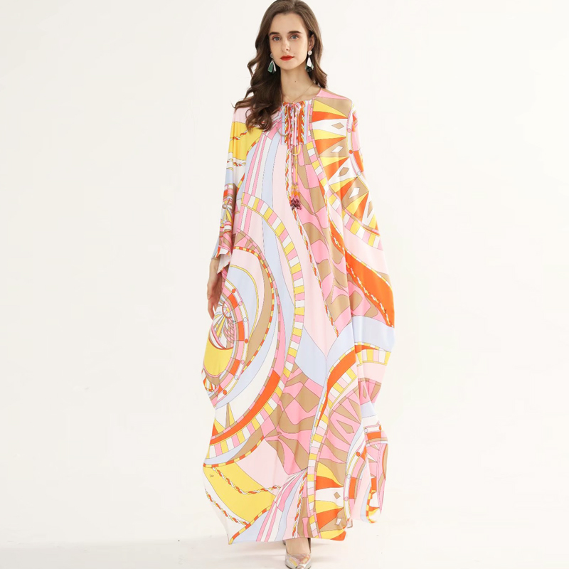 Women's Runway Dresses O Neck Lace Up Tassels Batwing Sleeves Printed Loose Deisgn Plus Sizes Holiday Knitted Elastic Long Maxi Dresses-image-579830019