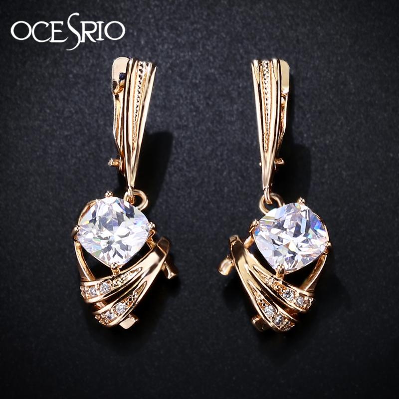 

OCESRIO Gold 585 Zircon Earrings Gold 585 Trendy Square Blue And White Zircon Long Drop Earring Women Hanging ers-j53