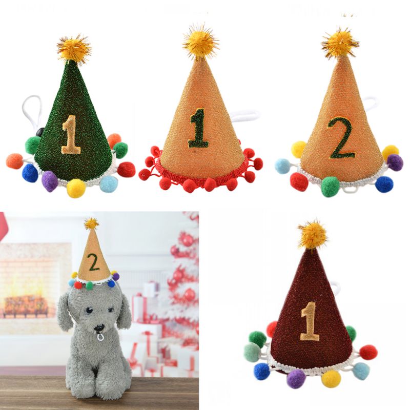 

Pet Birthday Party Hat Number Orange Green Pet Party Hats With Number Pattern For Small Dog Cat Gift Caps Hat With Plush Ball, Wr