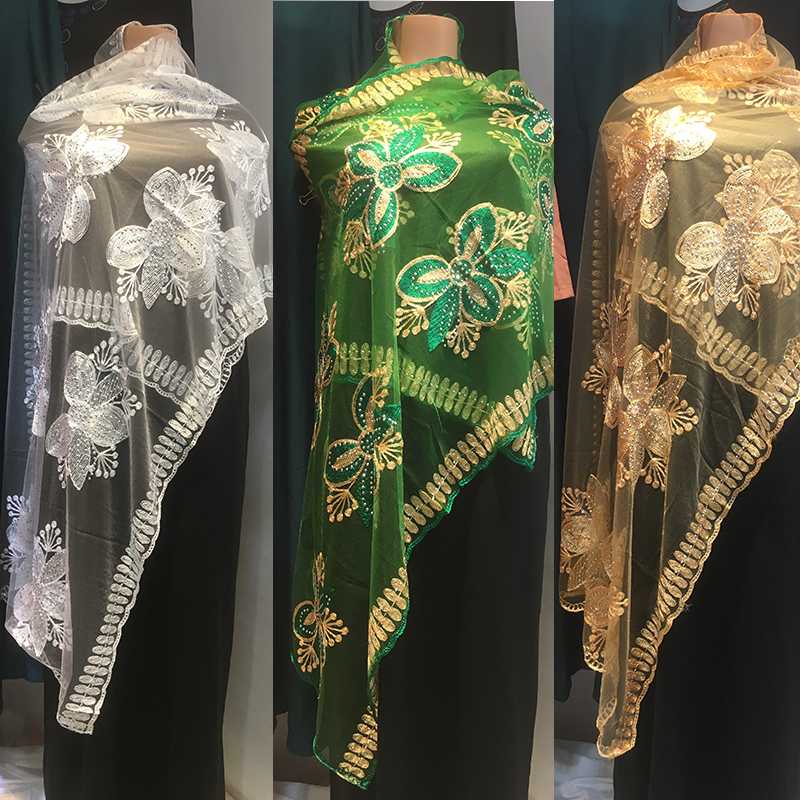 

African Cotton Voile Dubai Tulle Cord Emroider Ring Diamond Shawl Wrap Lace Stole Net Scarf Headband For Lady