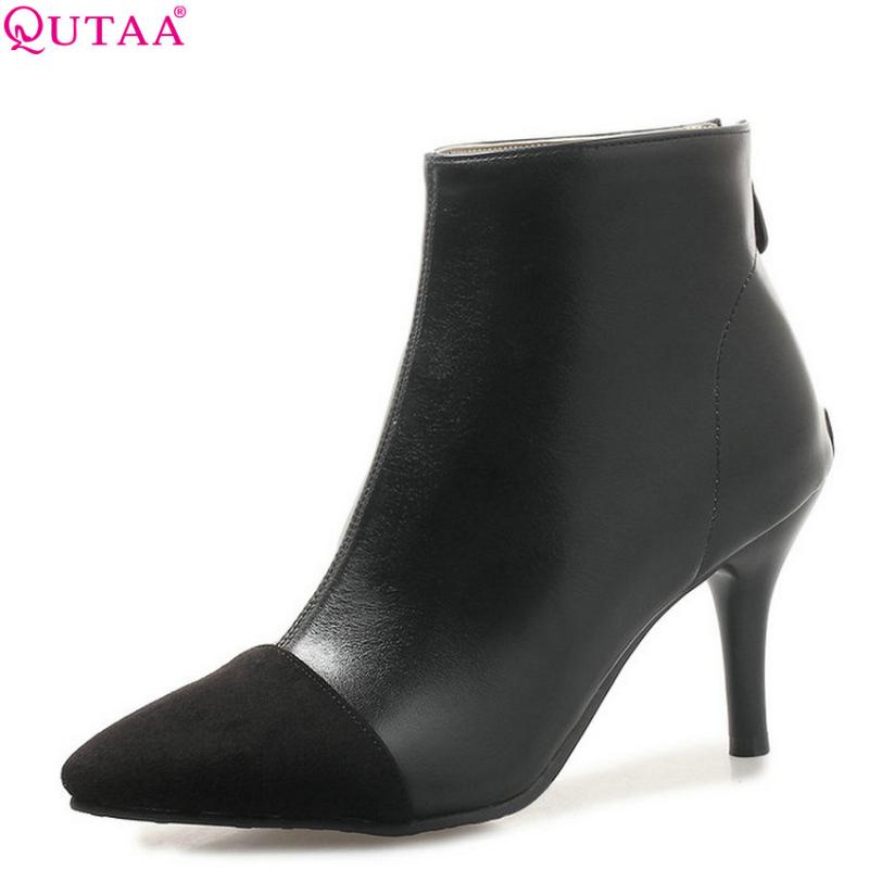 

QUTAA 2020 Pu Leather Fashion Women Shoes Platform Thin High Heel Women Ankle Boots Zipper Motorcycle Boots Big Size 34-43, Black