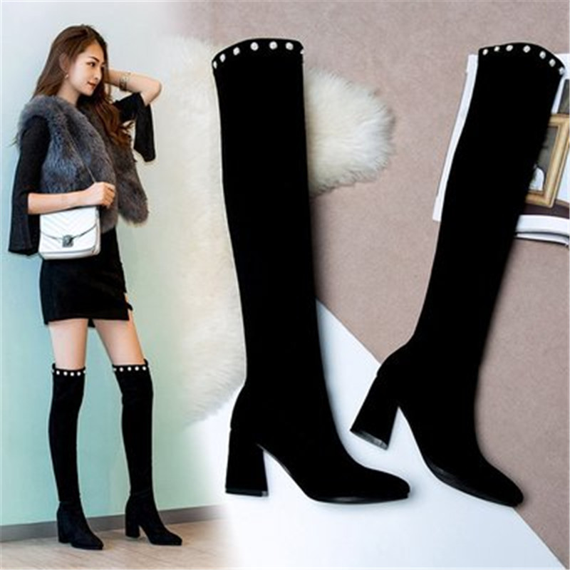 

Spring Autumn Over The Knee Sock Boots Women Stretch Fabric Thigh High Sexy High heels Pointed Toe Long Bota Feminina Size 34-40, Black