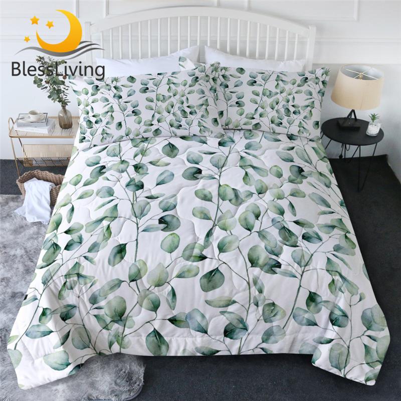 

BlessLiving Green Leaf Quilt Blanket  Leaves Texture Bedding Watercolor Thin Quilt 3-Piece Branches Summer Bedspreads Queen, 002