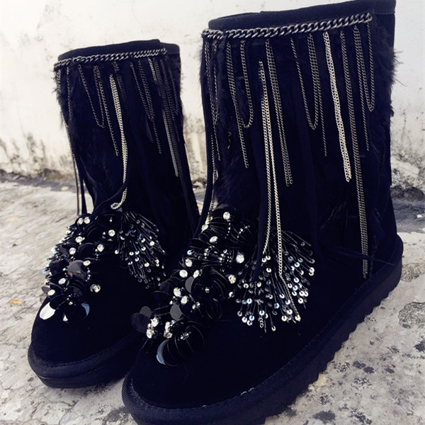 

zapatos de mujer 2020 Shoes Woman Leather Wool Mid-Calf Boots Crystal Chain Fringe Flats Crystal Snow Boots botas mujer Woman, As pic