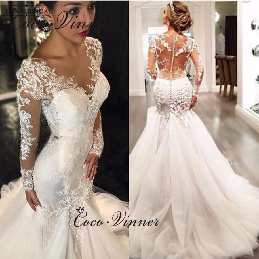 

Full Sleeves Illusion Back Lace Mermaid Wedding Dresses Plus Size Custom Made Wedding Dress 2020 Embroidery Bride Dress W0037, Champagne