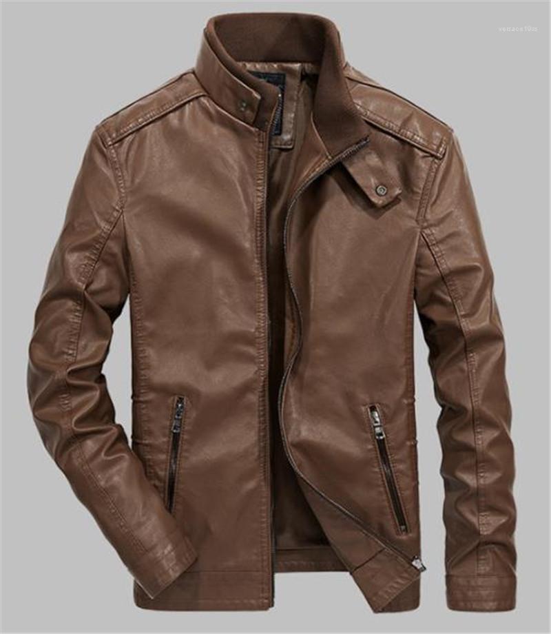 

Designer Leather Jackets Fashion Zipper Pockets Mens Leather Coats Casual Solid Color Males Clothing Stand Collar Mens, Brown