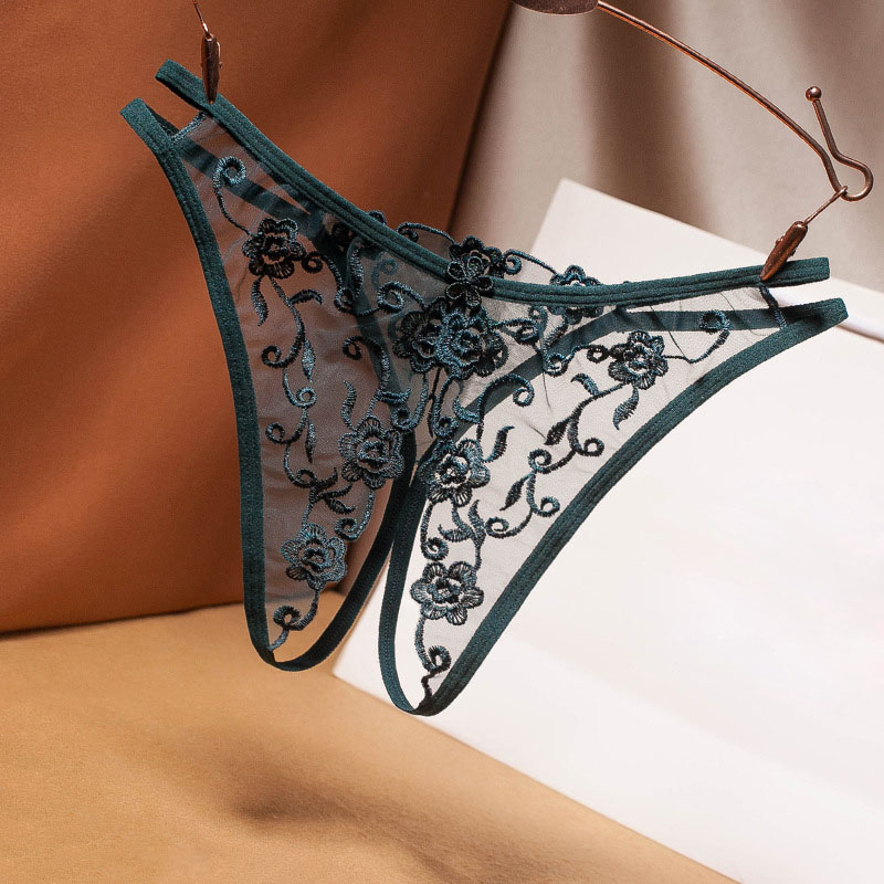 

Sexy women open crotch g string panties Mesh embroidery flower Retro hollow out transparent thong underwear Lace Underpatns Bikini G-string Briefs