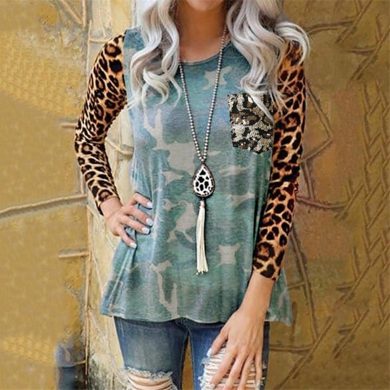 

Leopard Patchwork Summer Long Sleeve T-shirts For Women Fashion Casual Retro O-neck Pockets T Shirt Tops Loose Pullover Top, Green
