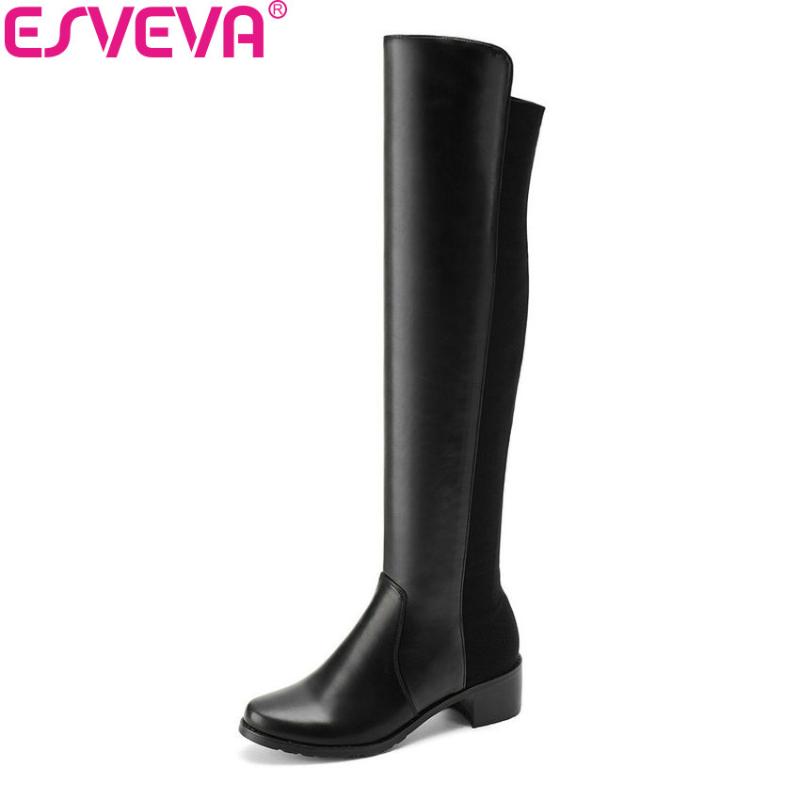 

ESVEVA 2020 Women Boots Flock+PU Square Med Heels Round Toe Over The Knee Boots Slip on Spring Autumn Ladies Size 34-43, Black