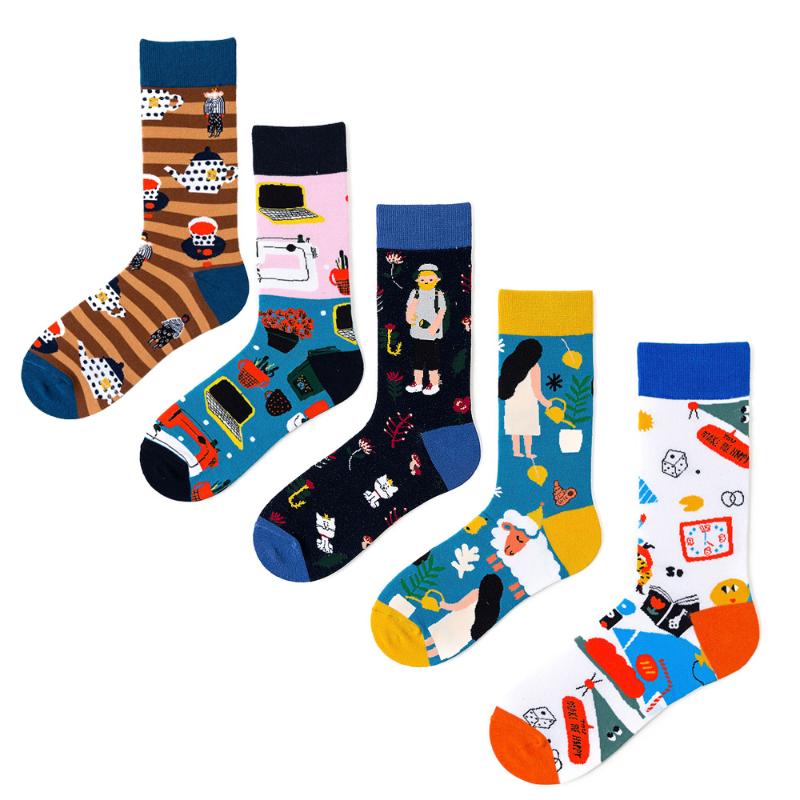 

Colorful Men Socks Cotton Funny Crew Socks Cartoon Cat Watering Teacup Sheep Modern Happy Life Women Novelty Gift Sock