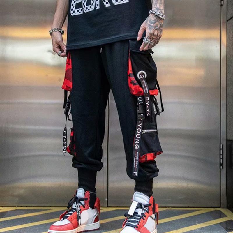 

Hip Hop Joggers Men Letter Ribbons Cargo Pants Pockets Track Tactical Casual Techwear Male Trousers Sweatpants Sport Streetwear, One color