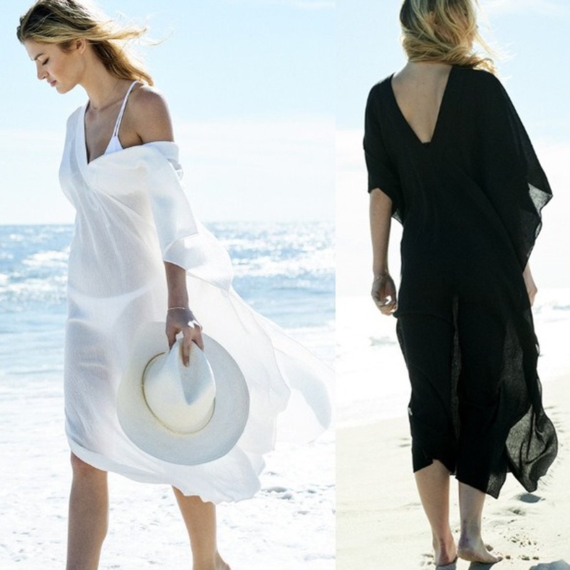 

2020 Summer New Seaside Holiday Sunscreen Loose White Black Chiffon Bikini Swimsuit Blouse Coat Maxi Dress Blouse Long Dress