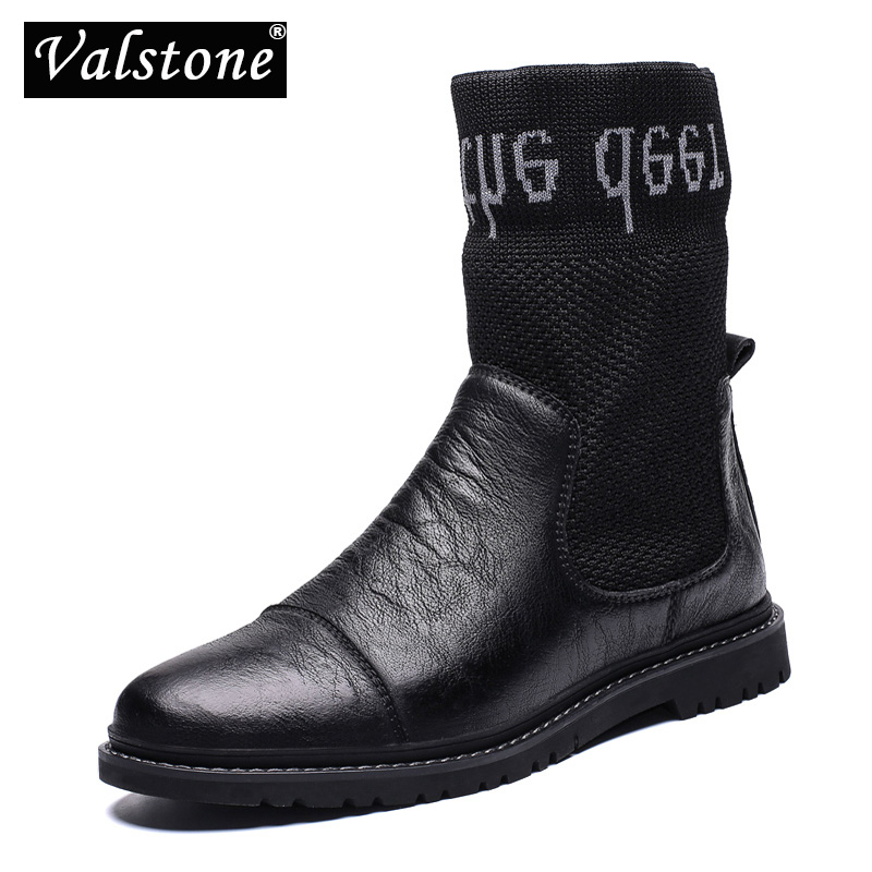

Valstone Autumn Men's Quality Leather Boots Slip-on Elastic Stockings High-top Shoes Flats Fashion Casual Male Street Botas New, Black without fur