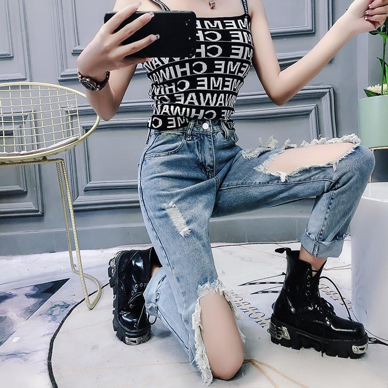

2020 autumn New High waisted women' Jeans Plus Size fashion Pencil jeans Hole women' Street trend 9-point pants, Mint