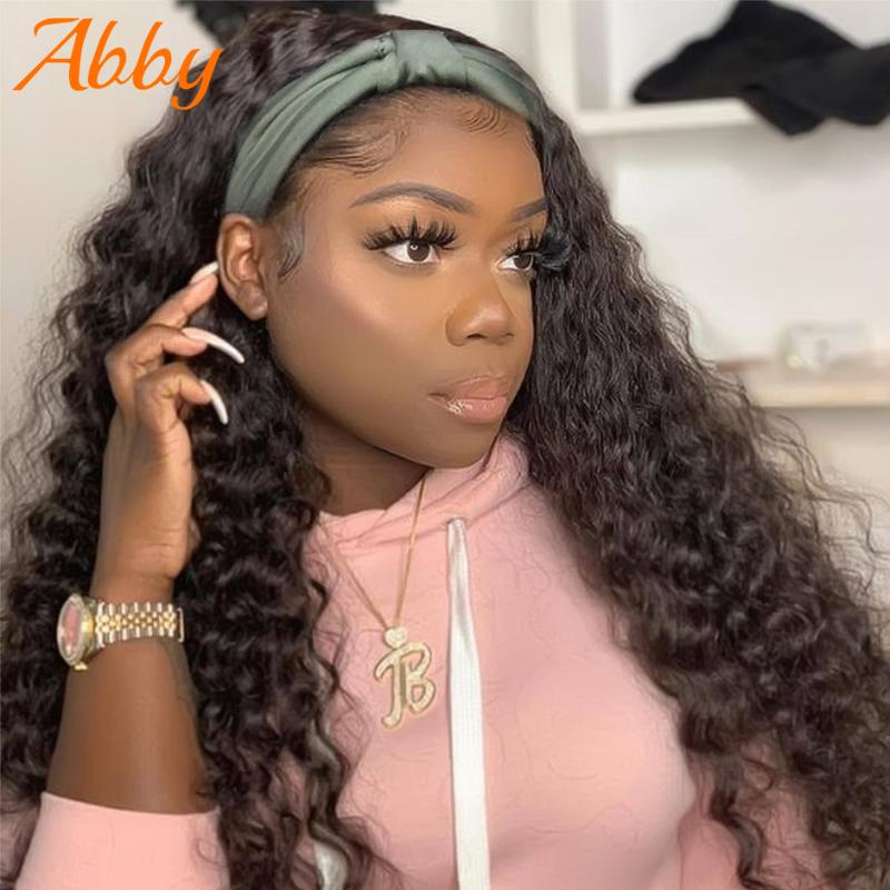 

Peruvian Deep Wave Wigs Headband Wig For Black Women Scarf Wigs Easy To install 180% Density Remy Hair Glueless Wig Abby Hair, As pic