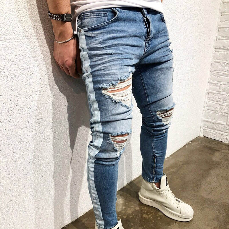 

HOT 2020 Fashion Denim men's high street wind leg Ripped hole hip hop little cowboy pants elastic design biker jeans homme, Blue