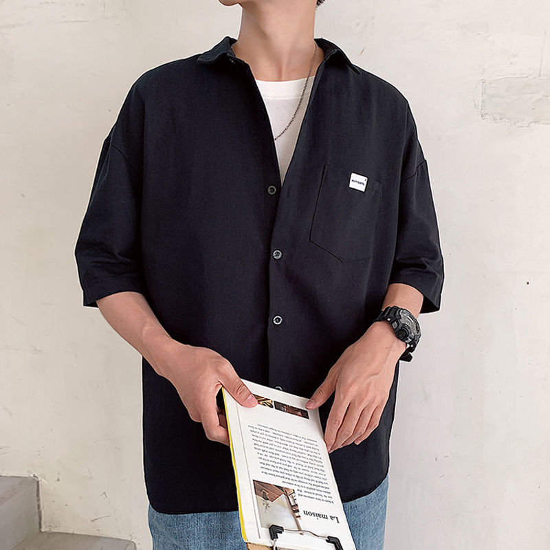 

Short-sleeved shirt men's summer new trend loose students Korean pure color wild Chic half-sleeved shirt, Black