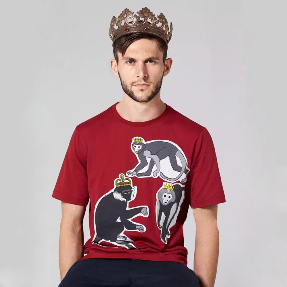 

Red Round neck cotton t-shirt with monkey and crown embroidery Men Designer T shirts Funny T-shirts Slim Fit Unisex T-Shirt