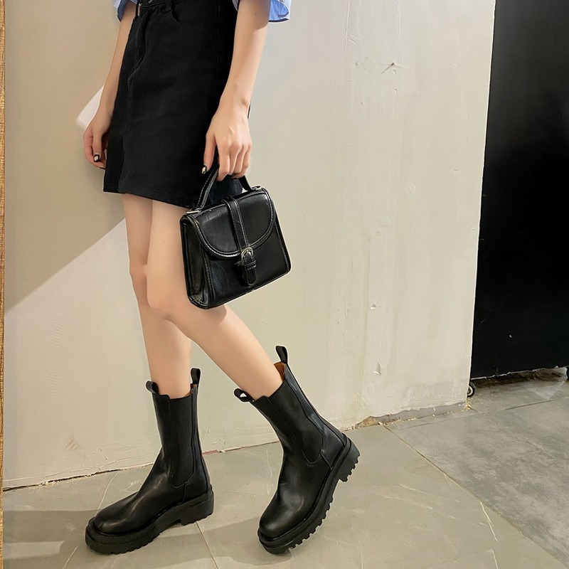 

SHOFORT Motorcycle Boots 2020 Fashion Platform Thick Heel Mid Tube Boots Retro Soft All-match Heighten Winter Shoes Women, Black