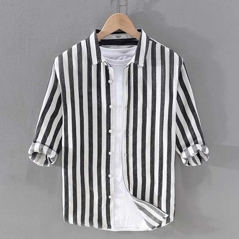 

2020 Summer three-quarter sleeve striped cotton shirt men brand casual shirts for men fashion comfortable shirt mens chemise, Blue stipe