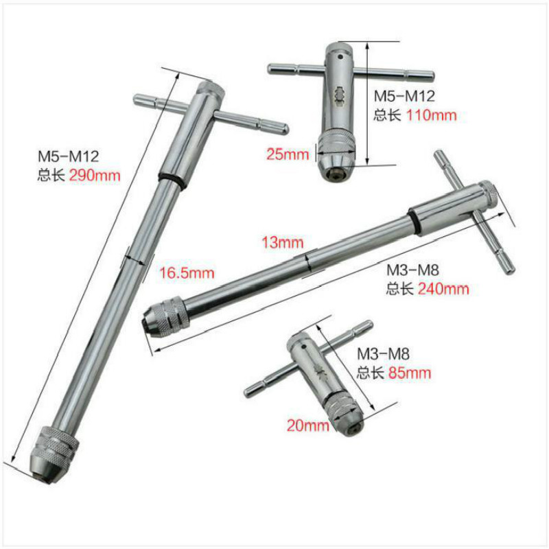 

Adjustable M3-8 M5-12 Long T-Handle Ratchet Tap Wrench with M3-M8 Machine Screw Thread Metric Plug Tap Machinist Tool
