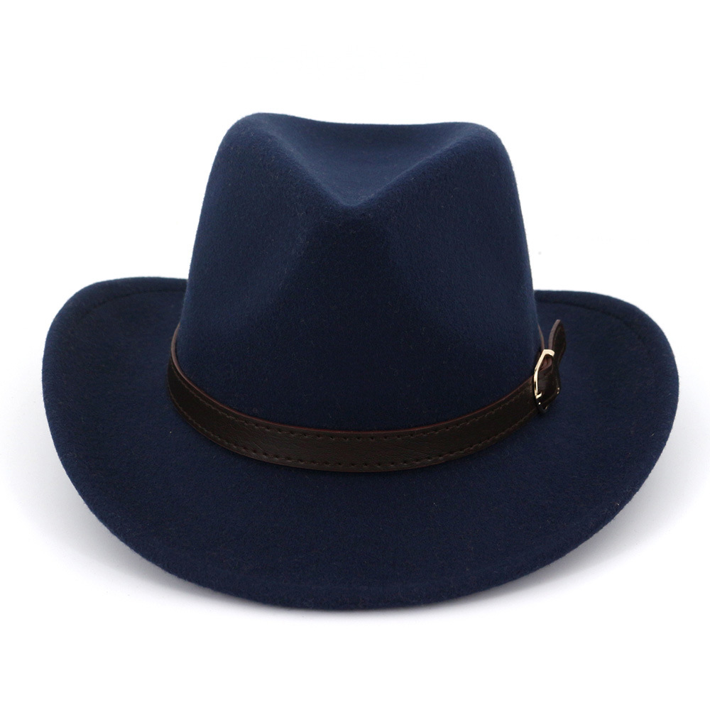 Western Cowboy Hat Wool Felt Wide Brim Fedora Hats With Belt Buckle Men