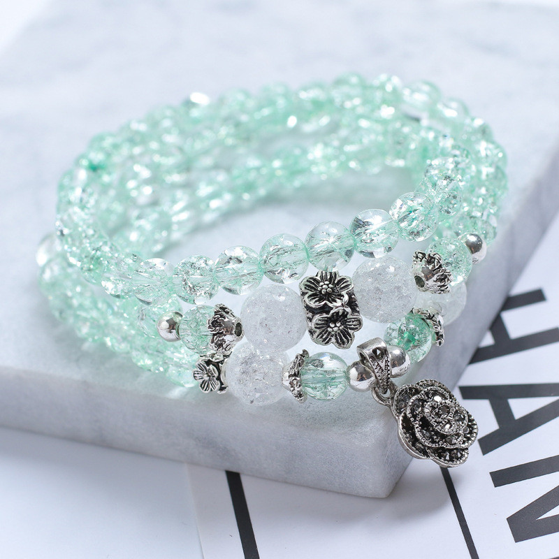 

Fashion Pink Green Blue Yellow Round Clear Crack Crystal Beads Bracelets with Flower Rose Charms Pendant for Women Girls Jewelry