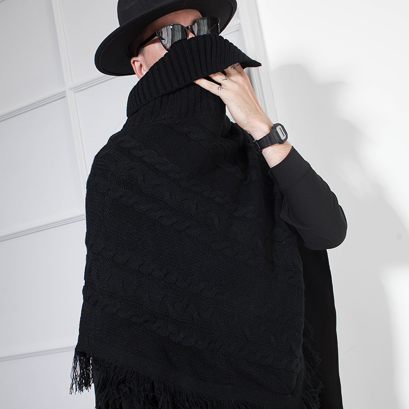

Cape Man Cape Turtleneck sweater coat short bat sleeve fall and winter lapel loose teenager fashion, Black
