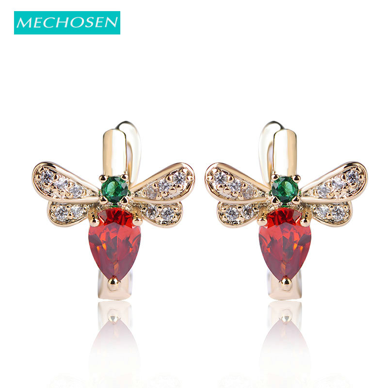 

MECHOSEN Cute Dragonfly Stud Earrings Women Girls Gifts Gold Color Red Crystal Zirconia Copper Brincos English Lock Oorbellen