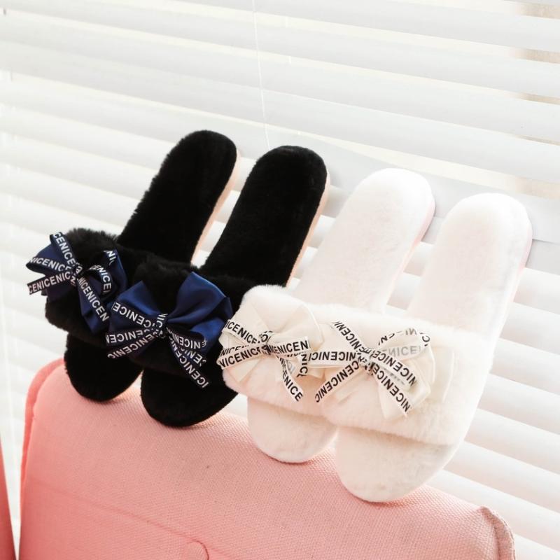 

Women Plush Home Slippers Butterfly-knot Winter Warm House Shoes Slip on Flats Cute Bowtie Female Slide Indoor Zapatos De Hombre, Black