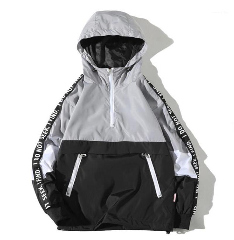 

Designer Jackets Fashion Loose Contrast Color Zipper Pocket Panelled Mens Hooded Jackets Casual Males Clothing Letter Print Mens, White